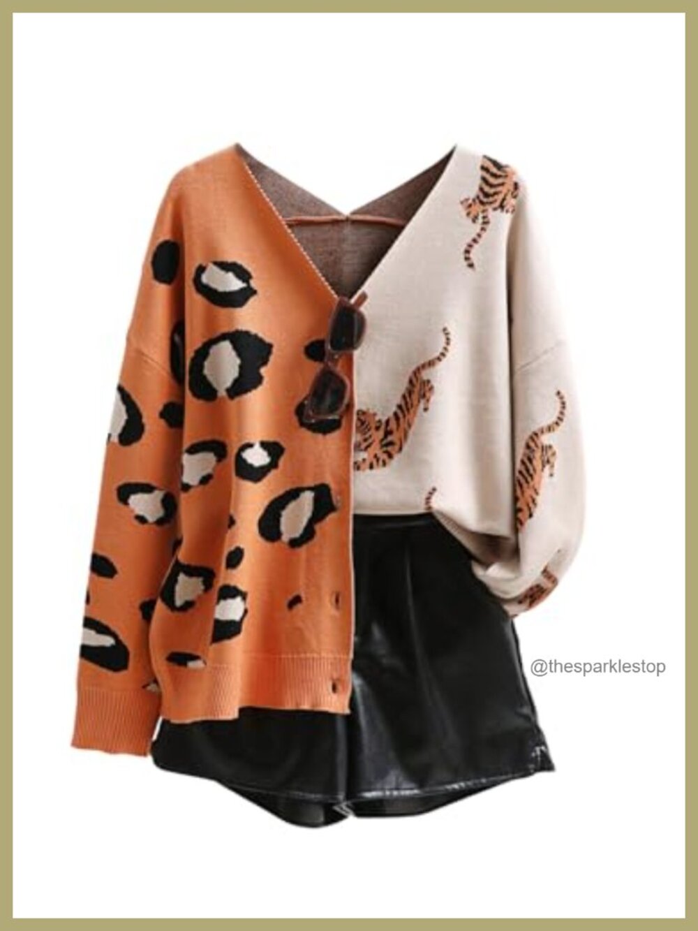 Leopard Tiger Print Cardigan V-Neck Long Sleeve Chunky Knit Sweater Loose Fit